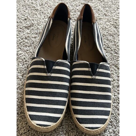Clarks Womens Loafers Shoes Blue White Denim Striped Slip On Casual 9M Espadrill - Picture 5 of 11
